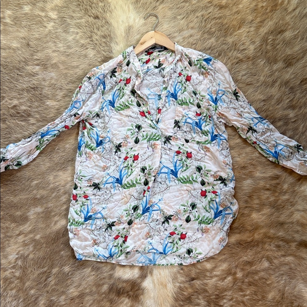 Floral Blouse with Red and Blue Accents